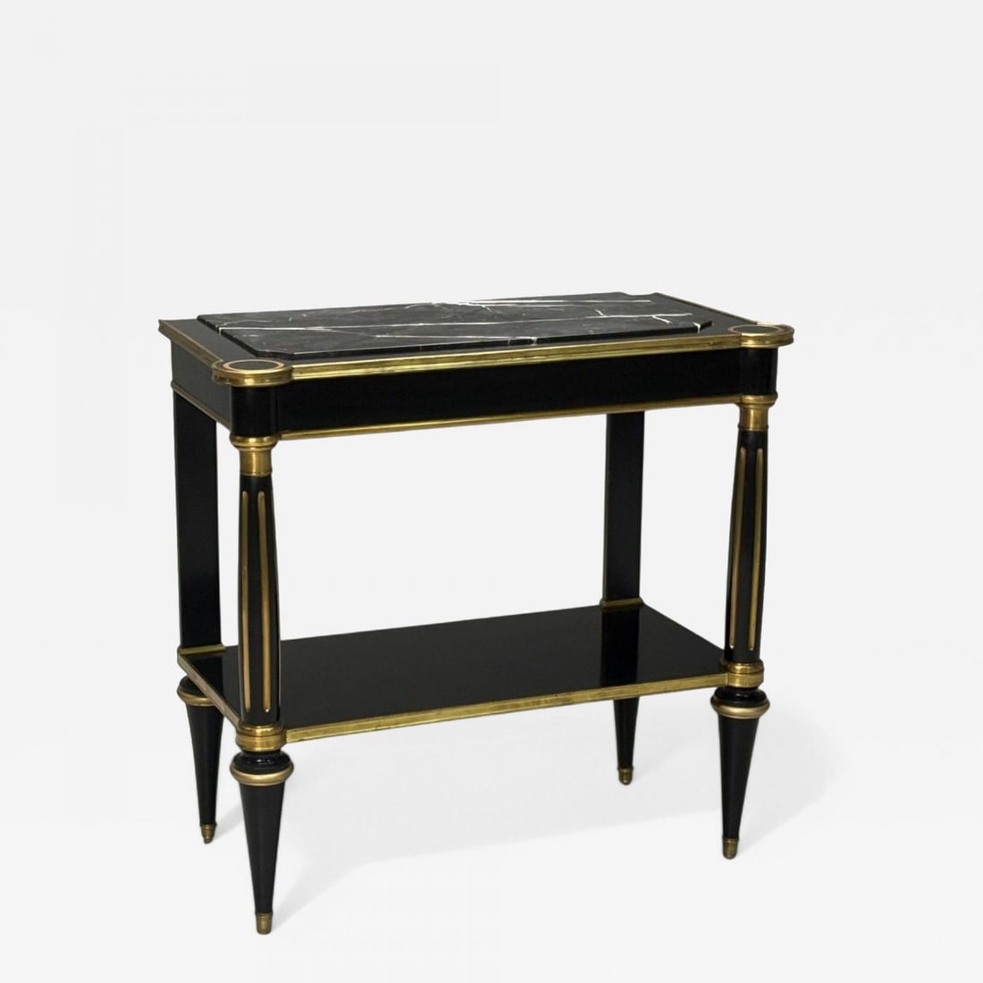 Hollywood Regency Style, Black Lacquer, Marble, Console Table, USA, 1960s: Title: Hollywood Regency Style, Black Lacquer, Marble, Console Table, USA, 1960s Description: Hollywood Regency Style, Black Lacquer, Marble, Console Table, USA, 1960s A custom made Maison Jansen insp