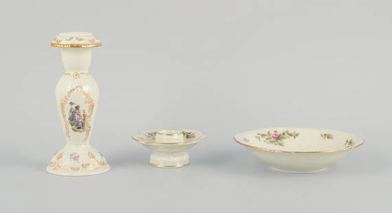 Rosenthal, Germany. "Sanssouci", two candlesticks and a small bowl decorated with flowers and gold: Rosenthal, Germany. "Sanssouci", two candlesticks and a small bowl decorated with flowers and gold decoration. Approx. 1930s. In perfect condition. First factory quality. Marked. Large candlestick: H