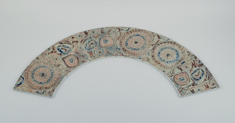 Royal Copenhagen, six Baca faience tiles with patterned glaze in brown, blue, green and sand (1 of 6)