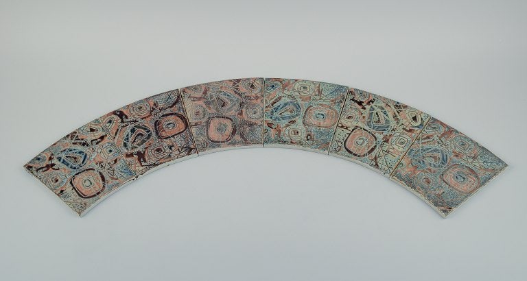Royal Copenhagen, six Baca faience tiles with patterned glaze in brown, blue and green. (1 of 5)