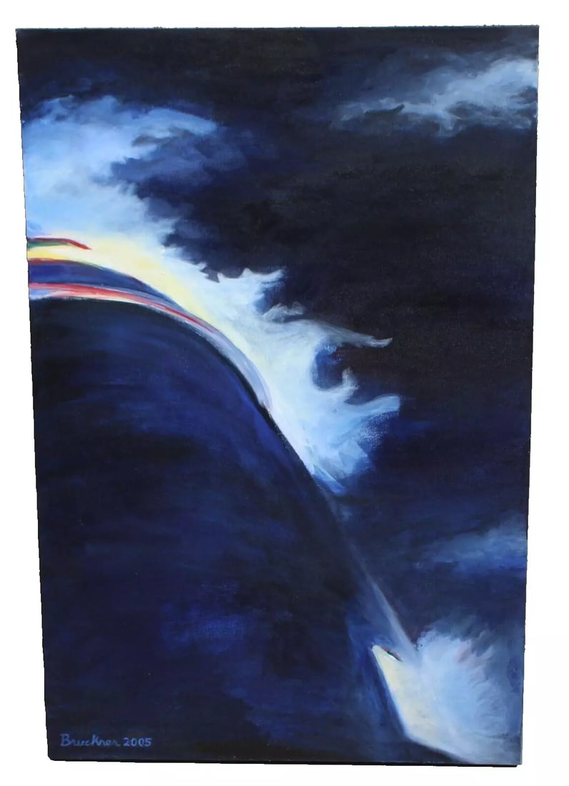 BRUCKNER Modernist Abstract Lighthouse #23 Acrylic on canvas: BRUCKNER. Modernist Abstract Lighthouse. Artist's title: Lighthouse #23, 36" x 24" acrylic on canvas, signed/dated lower left: Bruckner 2005. Also signed/dated/titled on the back. Unframed. In an imag