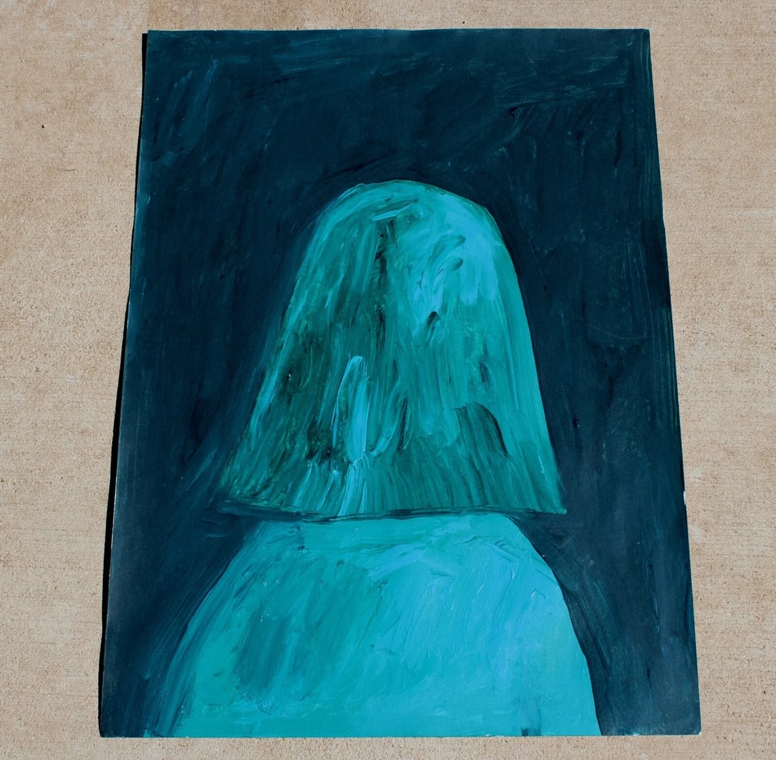 AARON WRINKLE Modernist Acrylic on Paper Girl Walking Away from Diana Zlotnick: Aaron Wrinkle (b. 1978). Modernist Girl Walking Away, acrylic on paper , 20-3/4" x 15". Signed on the back with initials and inscribed on the back to Diana with Love from Aaron. Also titled on the bac