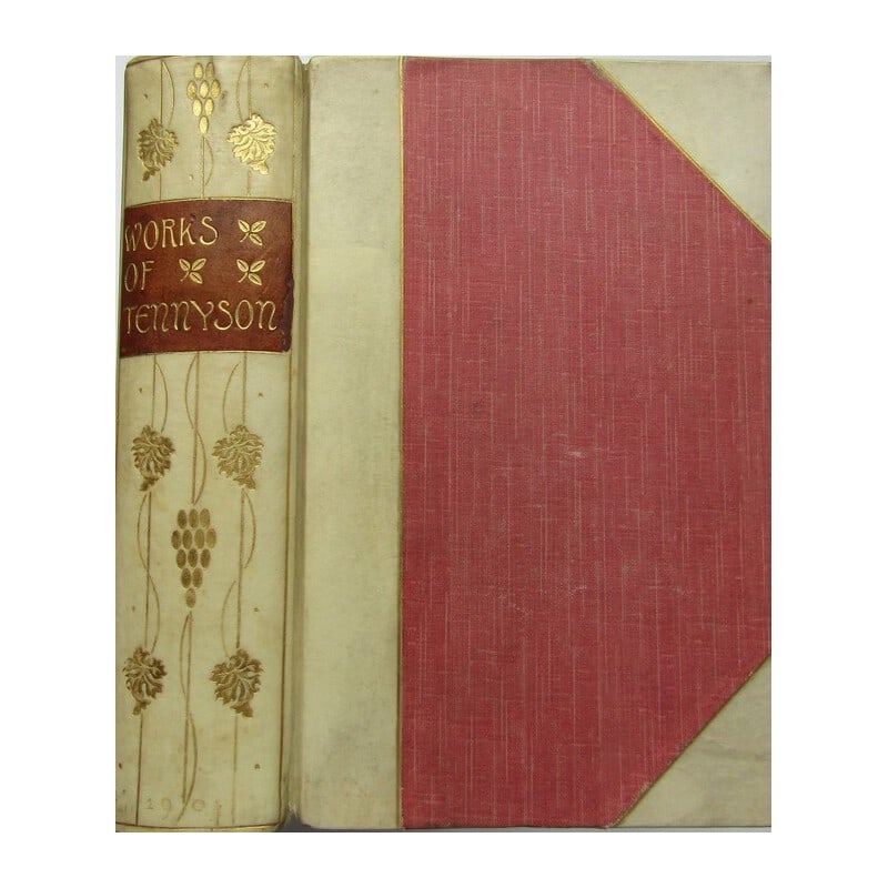 The Works of Alfred Lord Tennyson: Half-vellum over red cloth with gilt borders. Morocco gilt title, gilt vignettes to spine. Gilt top page-block, marbled endpapers. Portrait frontispiece plate with tissue-guard. Double column text for