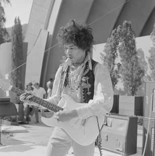 Jimi Hendrix' Fender Guitar Hollywood Bowl Silver Gelatin Print Unframed: Description 'Jimi Hendrix' Fender Guitar Hollywood Bowl Archival Pigment Print Unframed Rock guitarist Jimi Hendrix plays his Fender Stratocaster electric guitar onstage during soundcheck for his perf