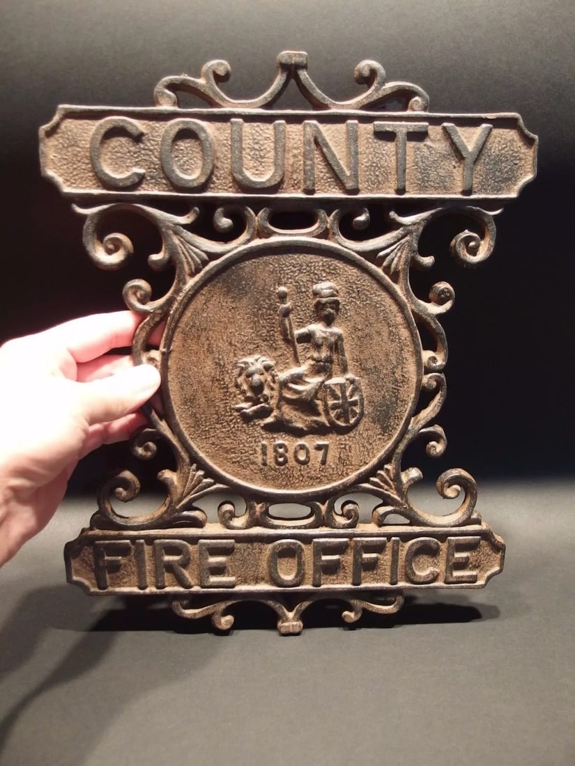 Heavy Cast Iron County Fire Office Sign 1807 Fireman (1 of 8)
