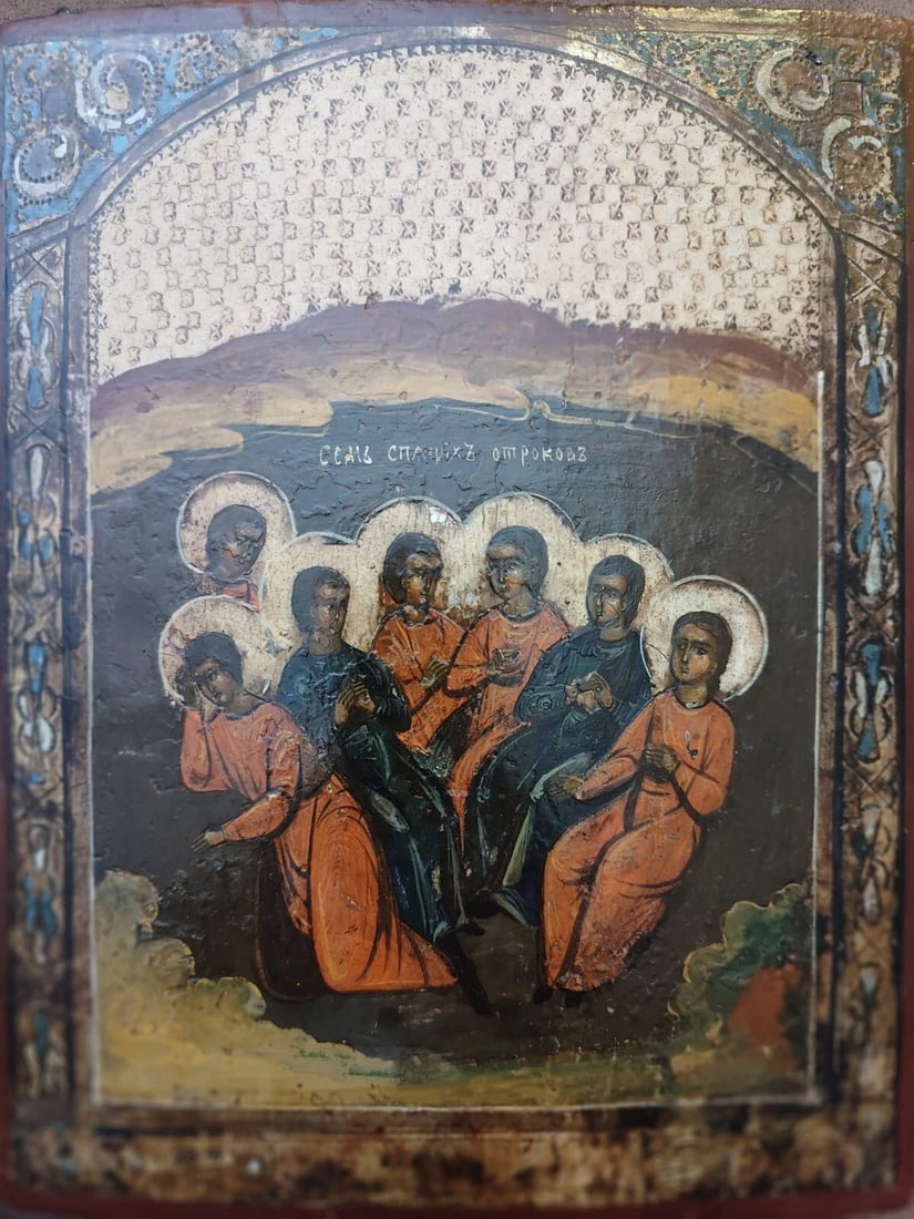 ANTIQUE 19c HAND PAINTED RUSSIAN ICON OF SEVEN SLEEPERS (2231). (1 of 2)