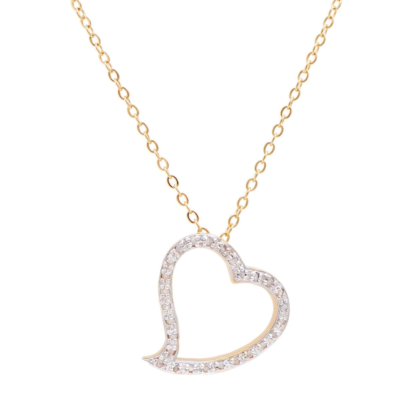 0.22 ctw Diamonds 18K Gold Plated Designer Heart Shape Pendant 18 in: Title: 0.22 ctw Diamonds 18K Gold Plated Designer Heart Shape Pendant 18 in Stone 1: Diamonds Color: H-I Shape: Rounds Size: 1.1mm Quantity: 27 CTW: 0.22 Grade: I3 Plating Material: 18K Yellow Gold Pr