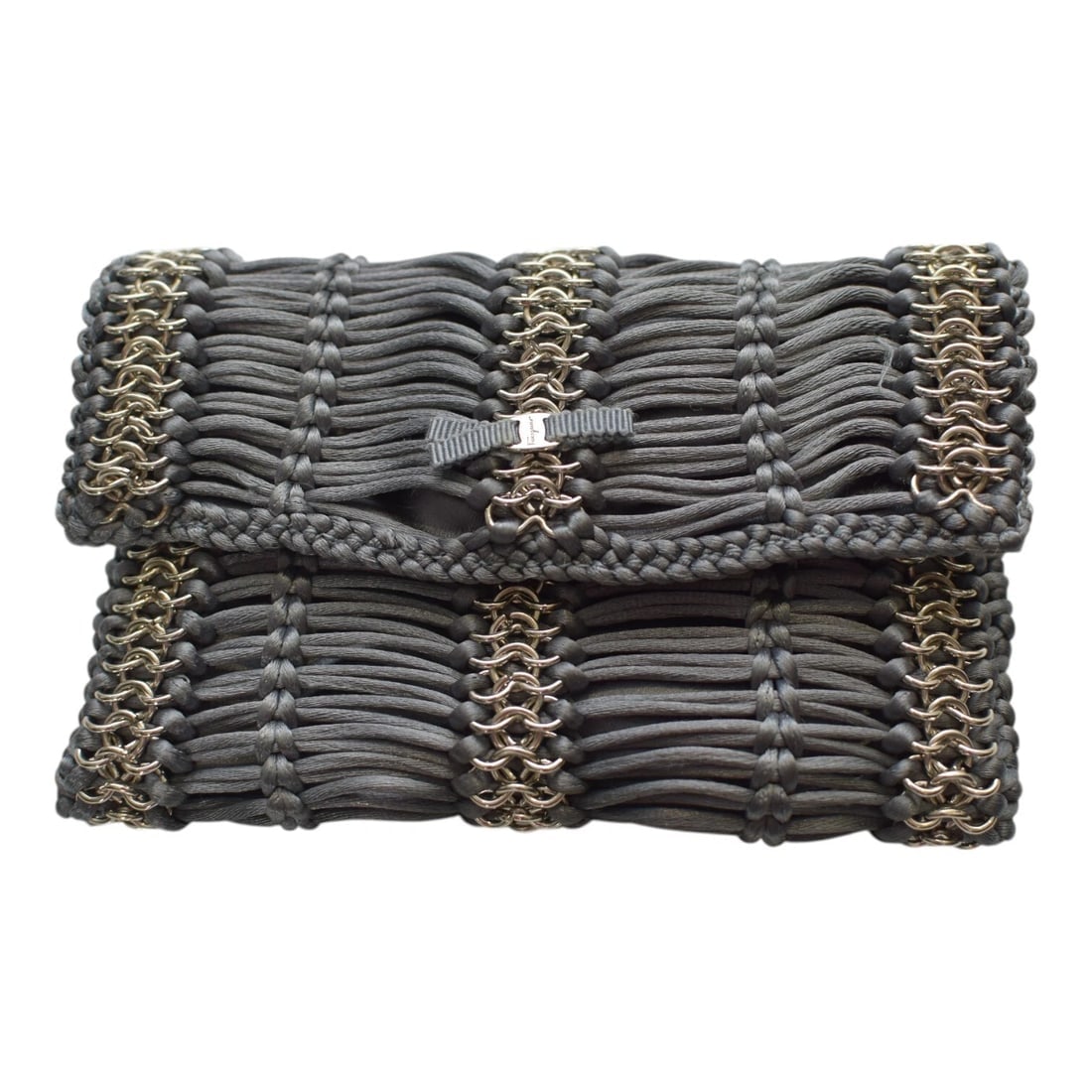 Salvatore Ferragamo Gray Silver Fiordaliso Fabric Braided Small Clutch Bag Purse (1 of 12)