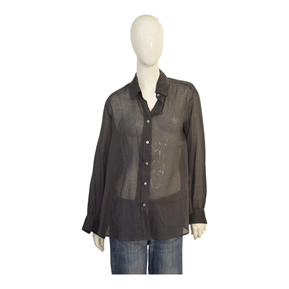 Dries Van Noten Gray Sheer Button Closure Collared Shirt Top size 38: Armani Jeans White Polyamide Lightweight Casual Jacket w. Hood sz 40 Dries Van Noten Gray Sheer Button Closure Collared Shirt Top size 38 Beautiful and elegant Dries Van Noten shirt! Features button f