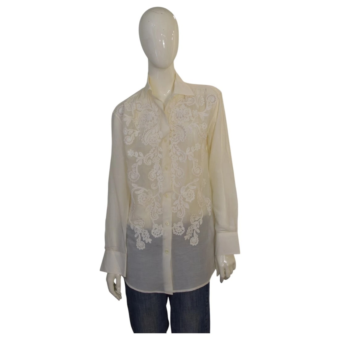 ETRO Cream Cotton & Silk Lace Front Button Shirt Blouse Long Sheer Top size 42: Gucci Taupe Silk Soft Shiny Button Down Shirt Top Size 44 ETRO Cream Cotton & Silk Lace Front Button Shirt Blouse Long Sheer Top size 42 A beautiful shirt from ETRO house !!This elegant top features b