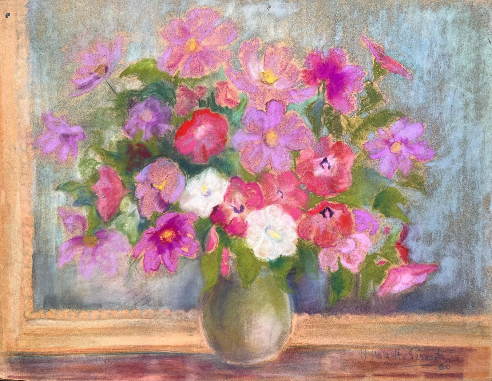 Mid-20th Century Post-Impressionist Pastel Still Life of Wildflowers in Vase 1960 (1 of 14)