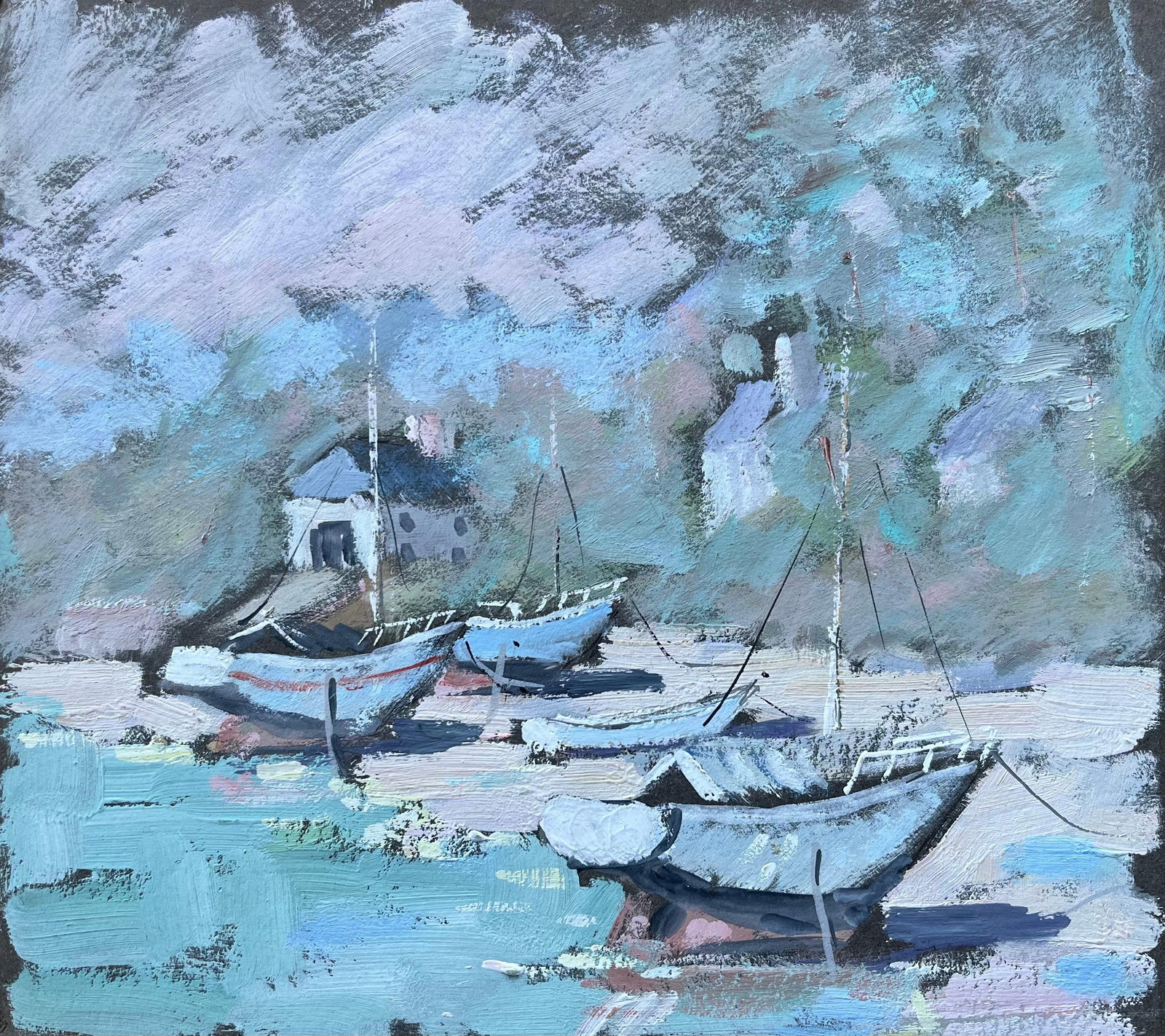French Impressionist Painting of Beached Fishing Boats on Dark Card: About the Item Title: French Impressionist Painting of Beached Fishing Boats on Dark Card by Fanche Lel Size: 8.25 inches (height) x 10.5 inches (width) Oil painting on card, unframed Condition: The p