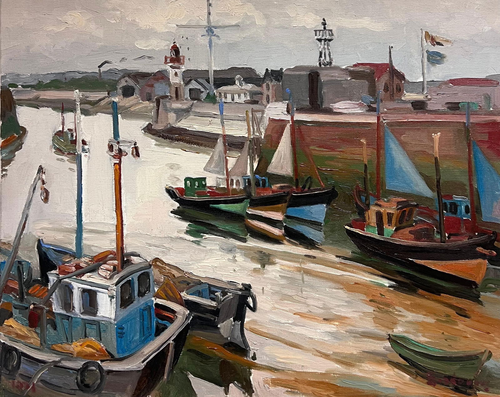 W. Jones Fishermen Boat Harbor Oil Painting