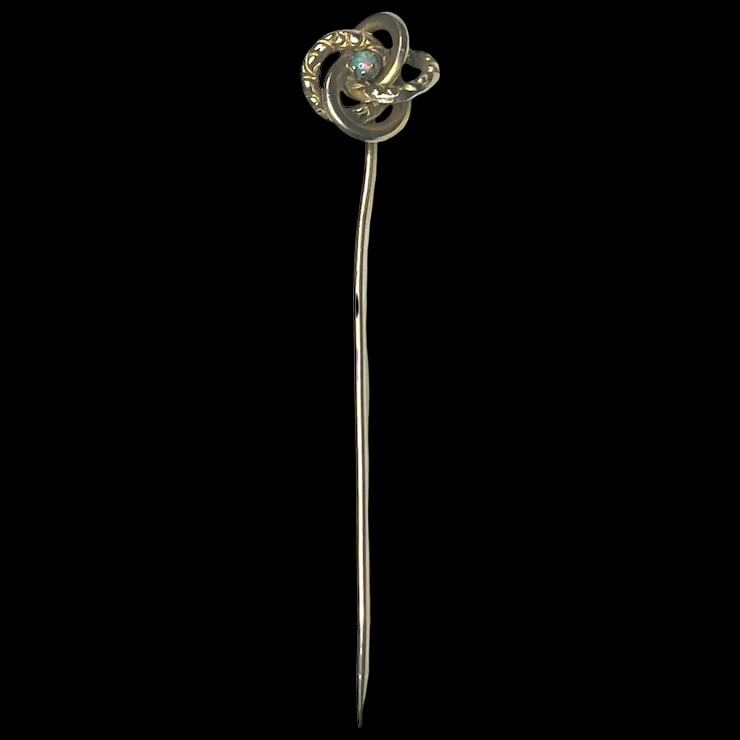 Vintage 9k Gold Fire Opal Love Knot Stickpin: Title: Vintage 9k Gold Fire Opal Love Knot Stickpin Description: Vintage 9k Gold Fire Opal Love Knot StickpinDid not see a Hallmark, Tested as 9kWeighs 1.2 gramsMeasure Approx. 2.25 x .25 inches Date/