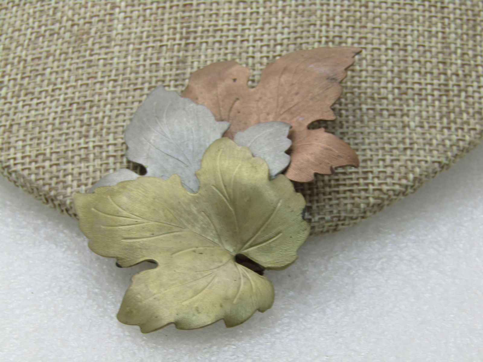 Vintage Tri-Color Leaves Brooch, Gold, Silver, Copper-Tone, 3" (1 of 6)