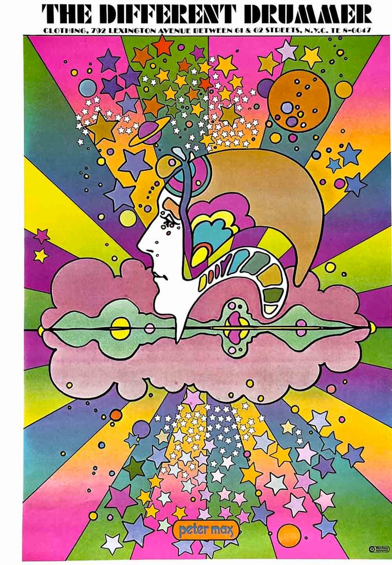 Peter Max Pop Art Poster 2 The Different Drummer1970*: Artist: Peter Max Country: Germany / USA Title: Different Drummer Medium: Offset Paper Size: 16.5 x 11 inch Marks: Not signed not numbered Published: 1970 Peter Max Poster Corp. Provenance: Peter Max