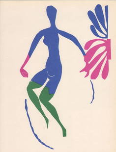 1984 Henri Matisse lithograph Au bas verts: Artist: Henri Matisse Country: France Title: Blue Figure au bas verts Medium: lithograph Paper Size: 14 x 10 inch Printed: 1984 in USA Provenance: Matisse Paper cutouts 1984 Condition: Very Good -Fine