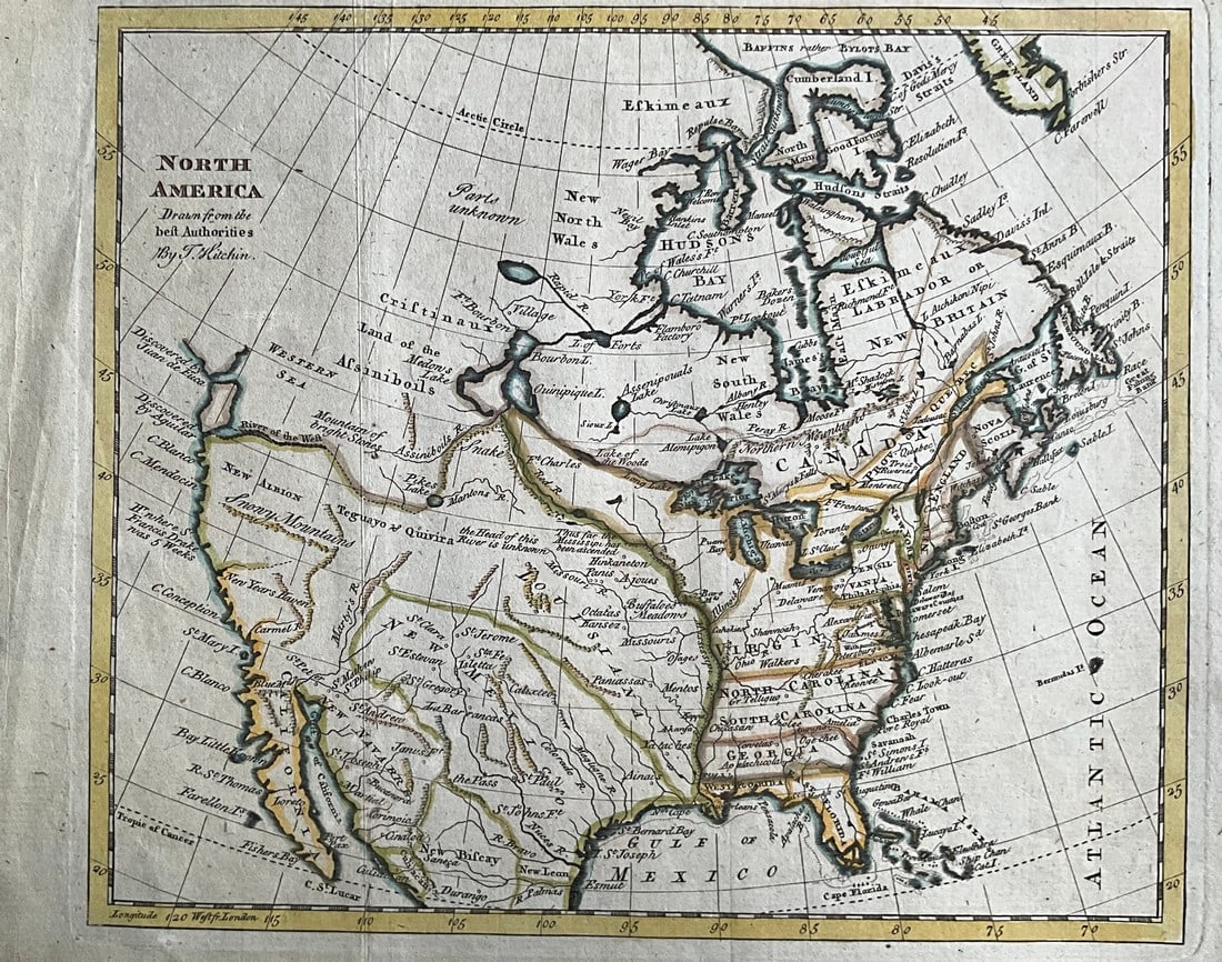 1766 Map of North America by Desnos & Brion, Featuring ‘Quivira’ Rivers of the West &: Title: 1766 Map of North America by Desnos & Brion, Featuring ‘Quivira’ Rivers of the West & French Colonial Vision Date/Period: 1766 Materials: Hand-colored copperplate engraved Size: 12 