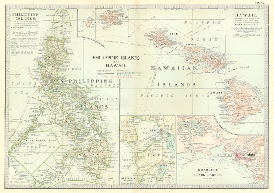 PHILIPPINES & HAWAII. inset Honolulu Pearl Harbor Manila 1903 old antique map: TITLE/CONTENT OF MAP: 'Philippine Islands and Hawaii; Inset map of Honolulu and Pearl Harbor, Manila and Vicinity' DATE PRINTED: 1903 IMAGE SIZE: Approx 27.5 x 39.0cm, 10.75 x 15.5 inches (Large); Ple