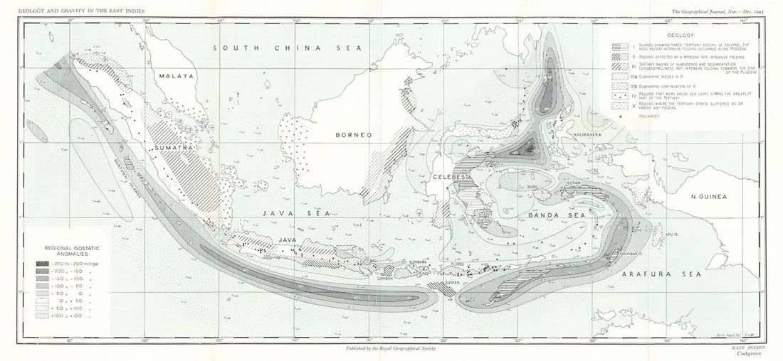 Geology & Gravitational anomalies in the East Indies. Indonesia. RGS 1945 map: CAPTION PRINTED BELOW PICTURE: 'Geology and Gravity in the East Indies' DATE PRINTED: 1945 IMAGE SIZE: Approx 22.0 x 47.5cm, 8.5 x 18.75 inches (Large); Please note that this is a folding map. TY