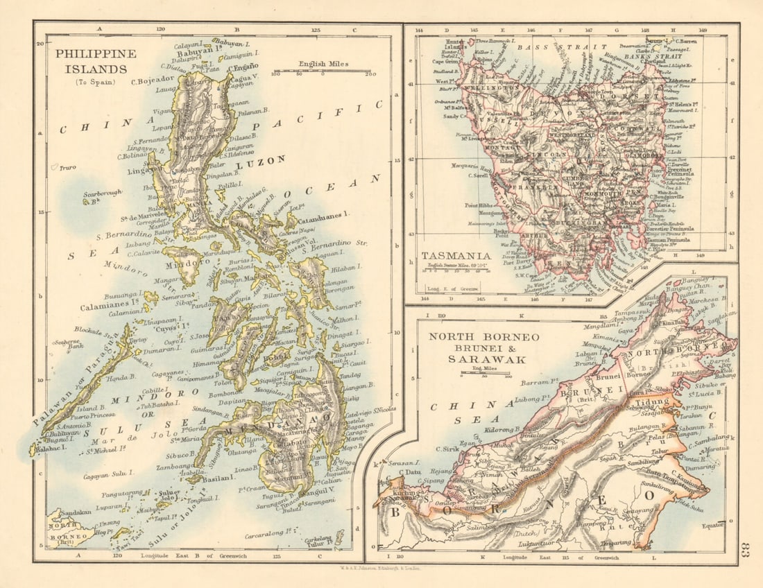 EAST ASIA Philippines Tasmania North Borneo Brunei Sarawak JOHNSTON 1892 map: TITLE/CONTENT OF MAP: 'Philippine Islands (to Spain); Tasmania; North Borneo Brunei & Sarawak' DATE PRINTED: 1892 IMAGE SIZE: Approx 20.0 x 27.0cm, 8 x 10.5 inches (Medium) TYPE: Antique colo