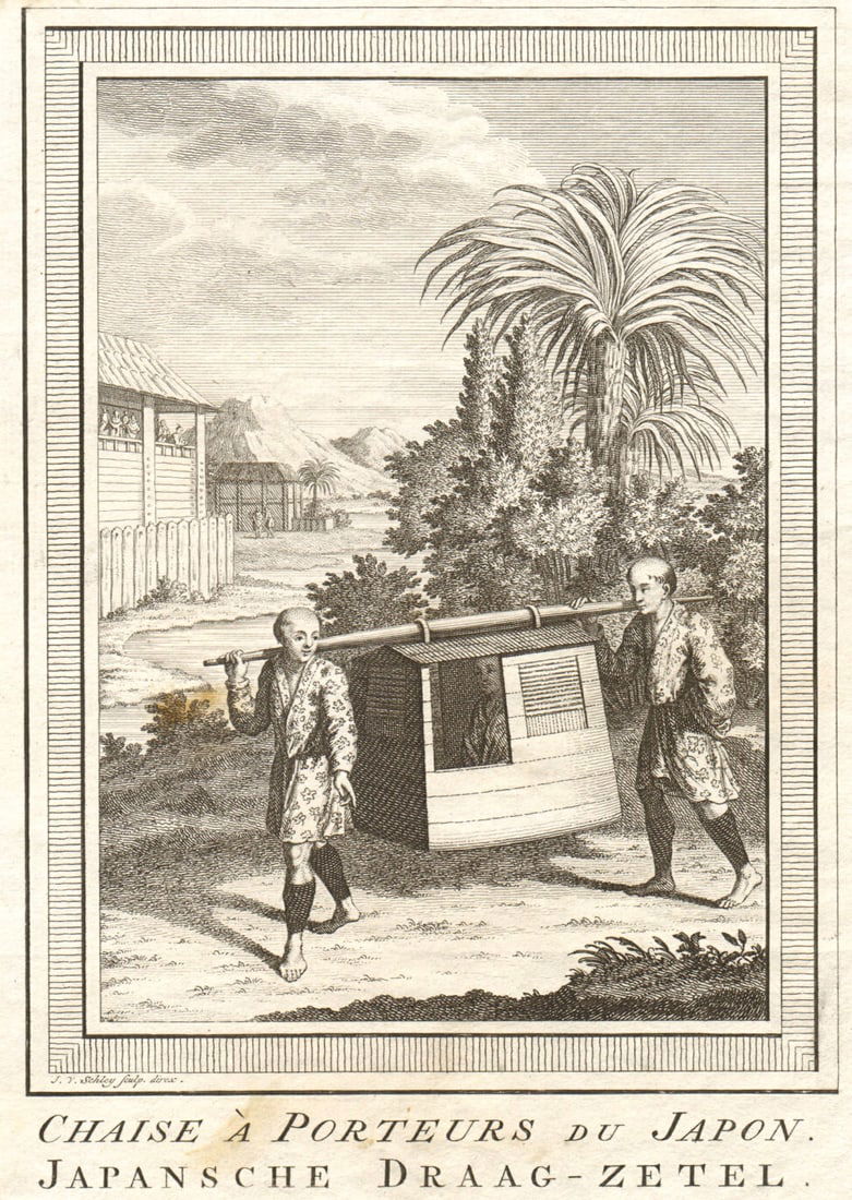 Chaise à porteurs du Japon'. Japanese litter sedan chair koshi ren. SCHLEY 1756: CAPTION PRINTED BELOW PICTURE: Chaise à Porteurs du Japon [A Japanese litter or sedan chair] Sedan chairs were known in Japan as koshi, ren, Norimono, and kago DATE PRINTED: 1756 IMAGE SIZE