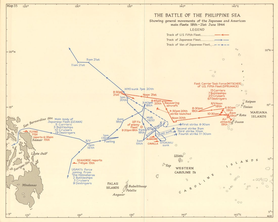 Battle of the Philippine Sea 18-21 June 1944. World War 2 Pacific. 1961 map (1 of 1)