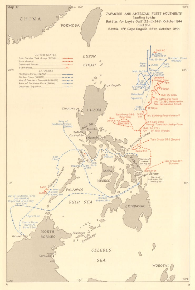 Philippines. Fleet movements. 1944 Battles of Leyte Gulf & Cape Engano 1961 map: CAPTION PRINTED BELOW PICTURE: 'Japanese and American Fleet Movements leading to the battles of Leyte Gulf, 22nd-24th October, 1944, and Cape Engano, 25th October 1944' DATE PRINTED: 1961 IMAGE SIZE: 