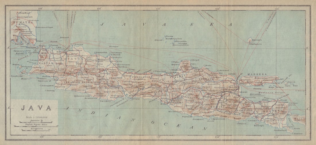 The island of Java. Dutch East Indies. Indonesia 1917 old antique map chart (1 of 1)