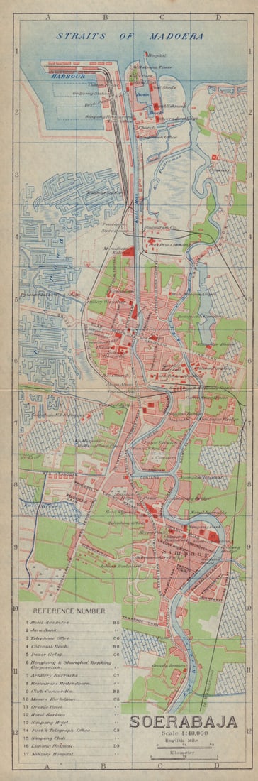Surabaya antique town city plan. "Soerabaja". East Java, Indonesia 1917 map: CAPTION PRINTED BELOW PICTURE: 'Soerabaja' DATE PRINTED: 1917 IMAGE SIZE: Approx 29.5 x 9.5cm, 11.5 x 3.75 inches (Medium); Please note that this is a folding map. TYPE: Antique colour map