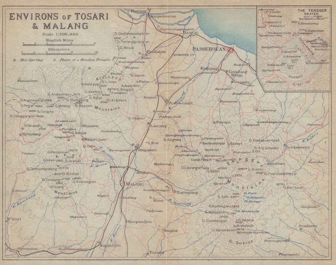 Tosari, Malang & environs. Pasuruan & Mount Bromo. East Java. Indonesia 1917 map: CAPTION PRINTED BELOW PICTURE: 'Environs of Tosari and Malang' DATE PRINTED: 1917 IMAGE SIZE: Approx 15.0 x 19.0cm, 5.75 x 7.5 inches (Medium); Please note that this is a folding map. TYPE: A