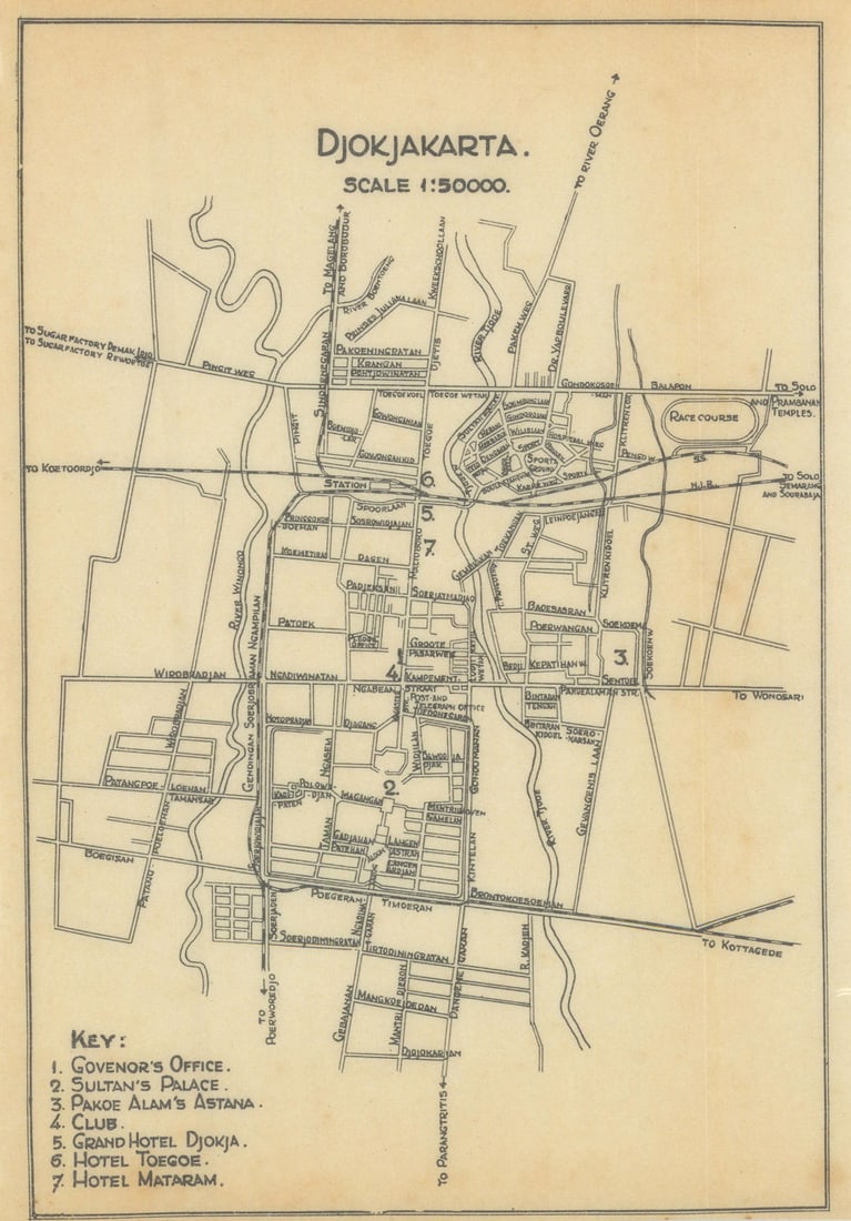 Djokjakarta. Yogyakarta city plan, Java, Indonesia. VAN STOCKUM 1930 old map: CAPTION PRINTED BELOW PICTURE: 'Djokjakarta' DATE PRINTED: 1930 IMAGE SIZE: Approx 16.5 x 11.5cm, 6.5 x 4.5 inches (Small); Please note that this is a folding map. TYPE: Vintage tourist map</