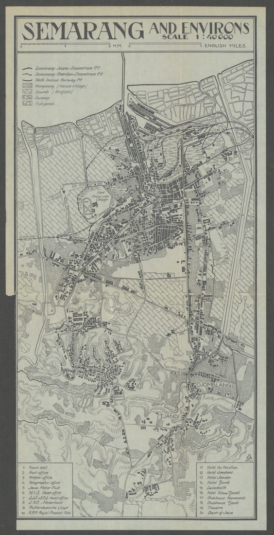 Semarang & environs. Town city plan. Java, Indonesia. VAN STOCKUM 1930 old map: CAPTION PRINTED BELOW PICTURE: 'Semarang and Environs' DATE PRINTED: 1930 IMAGE SIZE: Approx 29.5 x 15.0cm, 11.5 x 6 inches (Medium); Please note that this is a folding map. TYPE: Vintage tou