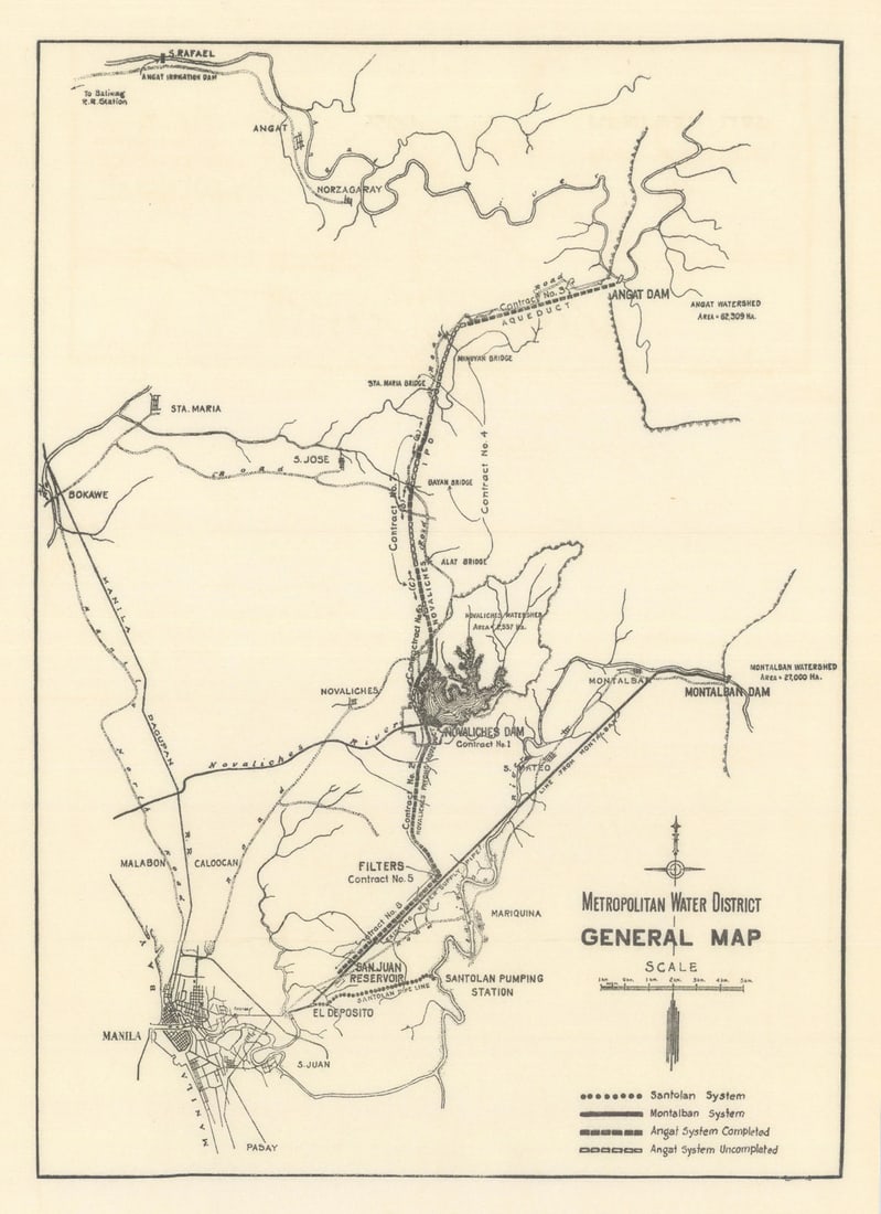 Manila Metropolitan Water District General Map. Philippines 1935 old: CAPTION PRINTED BELOW PICTURE: 'Metropolitan Water District General Map' DATE PRINTED: 1935 IMAGE SIZE: Approx 31.0 x 23.0cm, 12 x 9 inches (Large); Please note that this is a folding map. TYPE: