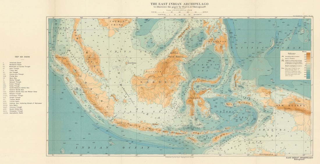 The East Indian Archipelago to illustrate the paper by Molengraaff. RGS 1921 map: CAPTION PRINTED BELOW PICTURE: 'The East Indian Archipelago to illustrate the paper by Prof. G. A. F. Molengraaff' DATE PRINTED: February 1921 IMAGE SIZE: Approx 32.5 x 63.5cm, 12.75 x 25 inches (Larg