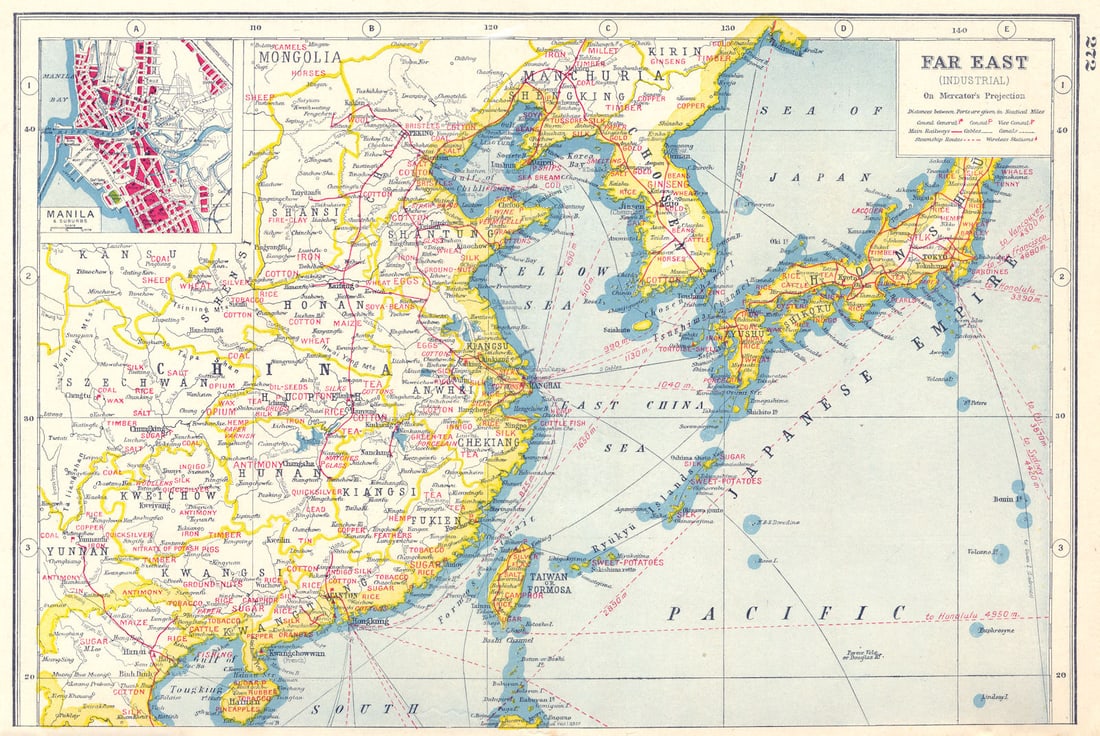 EAST ASIA AGRICULTURAL/MINERAL PRODUCTS.China Japan Korea.Manila plan 1920 map: CAPTION PRINTED BELOW PICTURE: 'Far East (Industrial); Inset map of Manila' DATE PRINTED: 1920 IMAGE SIZE: Approx 22.0 x 33.0cm, 8.5 x 13 inches (Large) TYPE: Vintage colour map CON