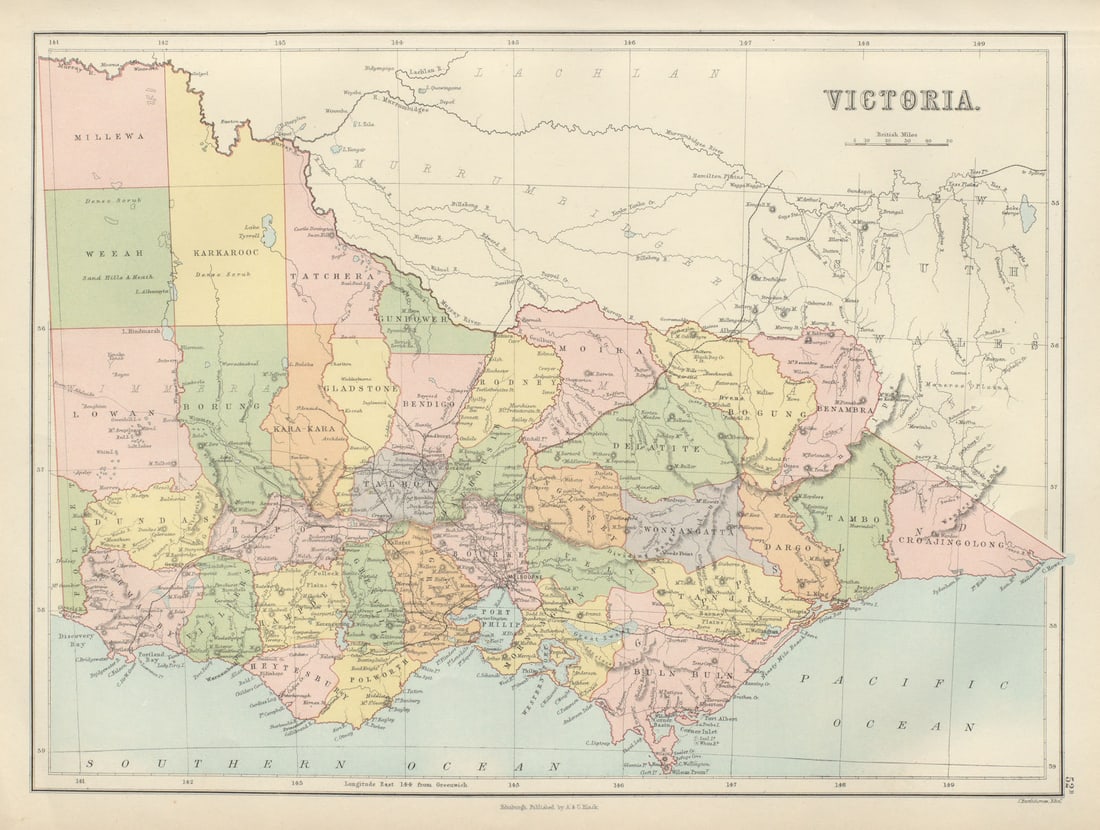 Victoria. Australia. Railways. BARTHOLOMEW 1882 old antique map plan chart: TITLE OF MAP (NOT PRINTED ON THE PAGE):'Victoria' DATE PRINTED: 1882 IMAGE SIZE: Approx 30.5 x 40.5cm, 12 x 16 inches (Large) TYPE: Antique atlas map CONDITION: Good; suitable f