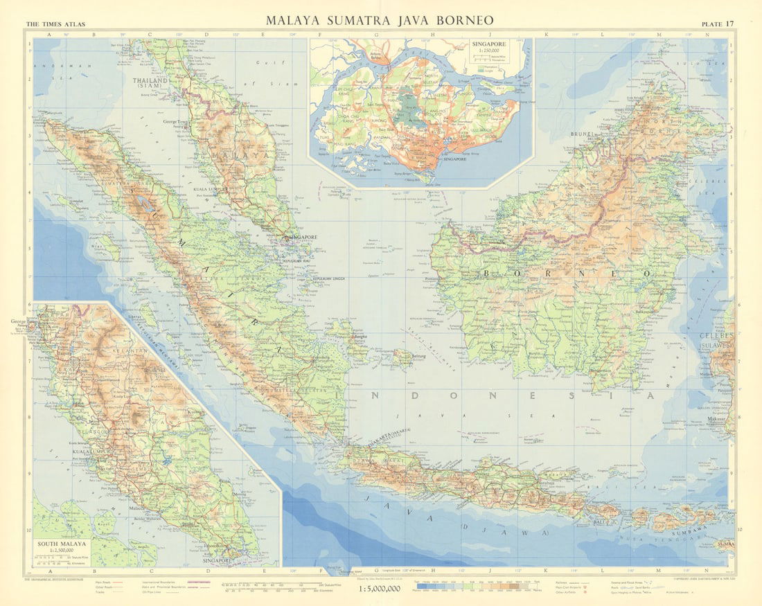 Malaya Sumatra Java Borneo Singapore. Indonesia Malaysia. TIMES 1958 old map (1 of 1)