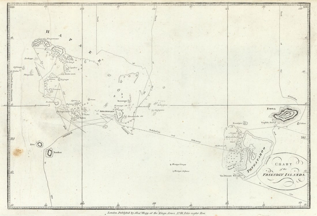 Chart of the Friendly Islands. Cook's discovery of Tonga. HOGG 1784 old map (1 of 1)