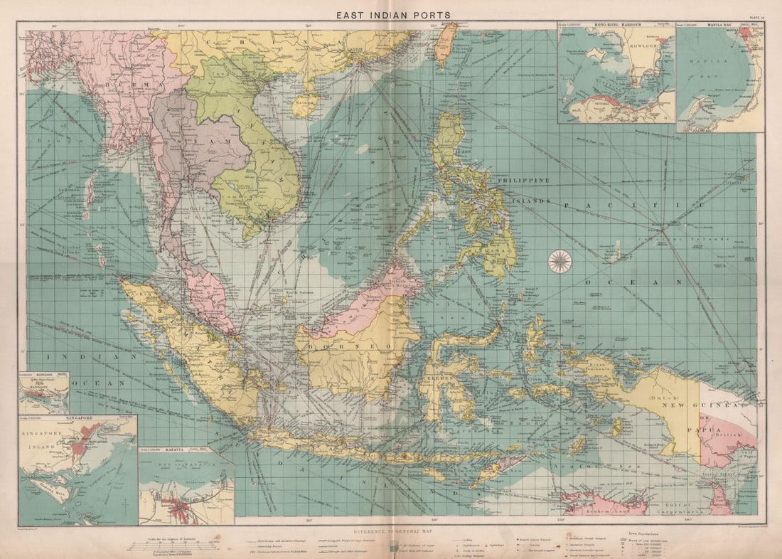 East Indies Ports sea chart. lighthouses mail routes. Indochina. LARGE 1918 map (1 of 1)
