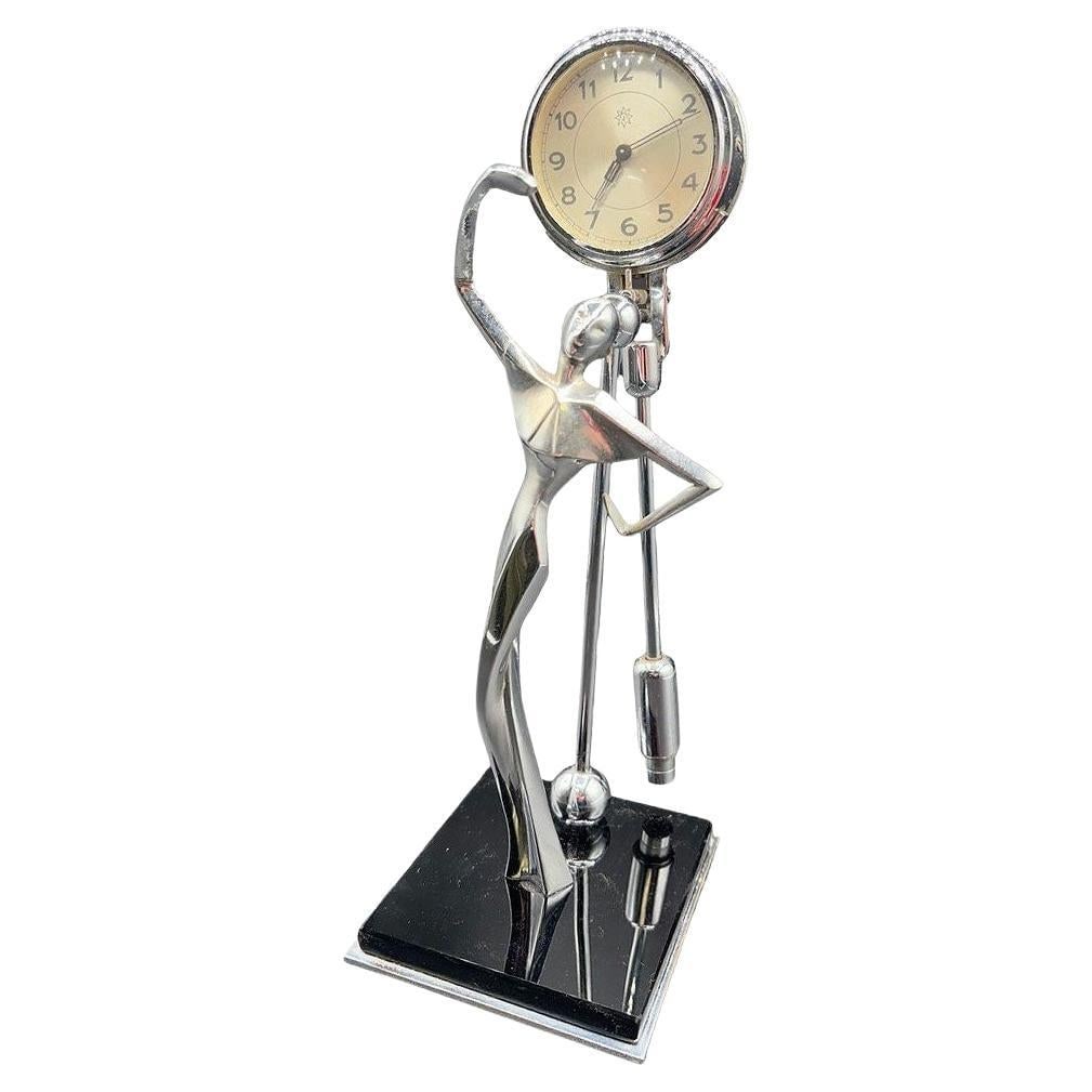 Art Deco "Mystérieuse" Chrome Female Figural Swinging Pendulum Clock by Junghans (1 of 19)