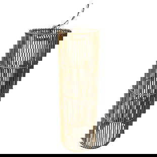 Large Mid-century Split Stick Reed Rattan Hanging Cylinder Chandelier Pendant: About the Item This beautifully restored Mid-century era split stick reed rattan hanging tower ceiling pendant lamp with a sleek petite form crafted from natural materials. The lamp featured a 24" bra