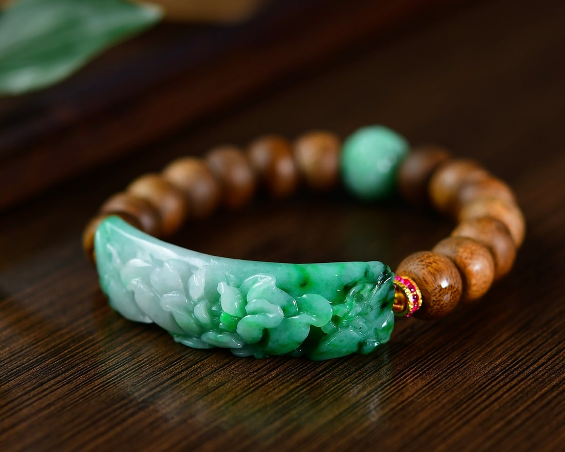 Natural Chenxiang Wood & Jadeite Carved Flower Hand Chain (1 of 6)