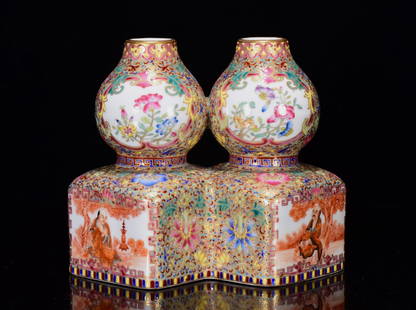 Chinese Gilt Gold Famille Rose Enamel Arhat Design Gourd Conjoined Porcelain Vase: Title: Chinese Gilt Gold Famille Rose Enamel Arhat Design Gourd Conjoined Porcelain Vase Date/Period: After1780 Origin: Chinese Dimension: 150 x 170(mm)5.91 x 6.69(inches) Materials: Porcelain Reserve
