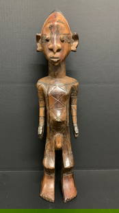 Mangbetu Statue: Title: Mangbetu Statue Date/Period: Late 20th Century Dimension: 21" h x 5" w Material: Wood Additional Information: African Tribal Art Mangbetu Statue Reserve: $150.00 Shipping: Domestic: Flat-rate o
