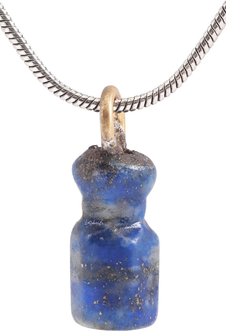 VIKING LAPIS LAZULI AMULET NECKLACE C.800-1050 AD: Hand-crafted gemstone of bottle form with faceted body and compressed neck. Part of a larger necklace of “aegis” form with several tiers strung and cross-bound into a matrix. These amulets