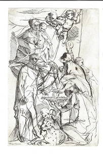 18th C Pietro Testa Adoration: An unusual engraving after a drawing of Pietro Testa (1612-1650) printed mid to latter 18th century on laid paper. Fine condition, measures 8.5 x 13". Similar engraving held by Metropitan Museum of Ar