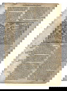 1577 English Leaf Woodcuts of Battles King Arthur: A leaf from Raphael Holinshead "The Historie of England", printed at London 1577. Two large woodcuts, one each side, and references to King Arthur. Watermark of a Magic Hand. Very Good, slight crop to