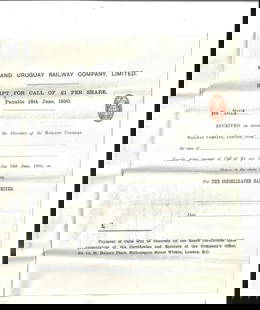 1889 Two Documents Midland Uruguay Railway: Two partially printed documents related to the Midland uruguay Railway regarding shares of stock. Dated 1889 and 1890. Very Good, each approx 8 x 10" on stamped paper. Reserve: $20.00 Shipping: Domest