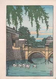 Kawase Hasui (1883 - 1957): Nijubashi Bridge, Imperial Palace: Artist/Title: Kawase Hasui (1883 - 1957): Nijubashi Bridge, Imperial Palace Medium: Woodblock Print Size/Format: The print image measures 4 5/8 X 7 inches plus margins Condition: The print is in excel